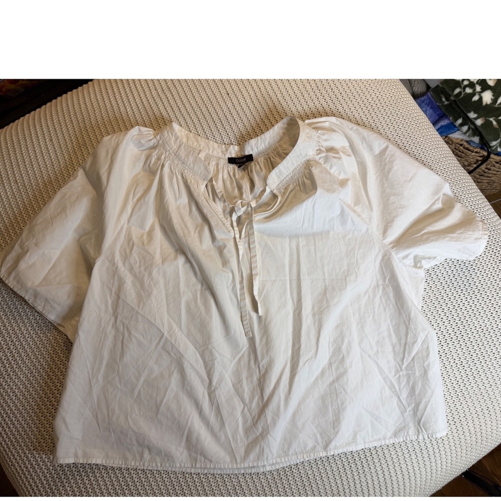 Quince White Organic Cotton Poplin Split Neck Blouse XL Short Sleeve Tie Front